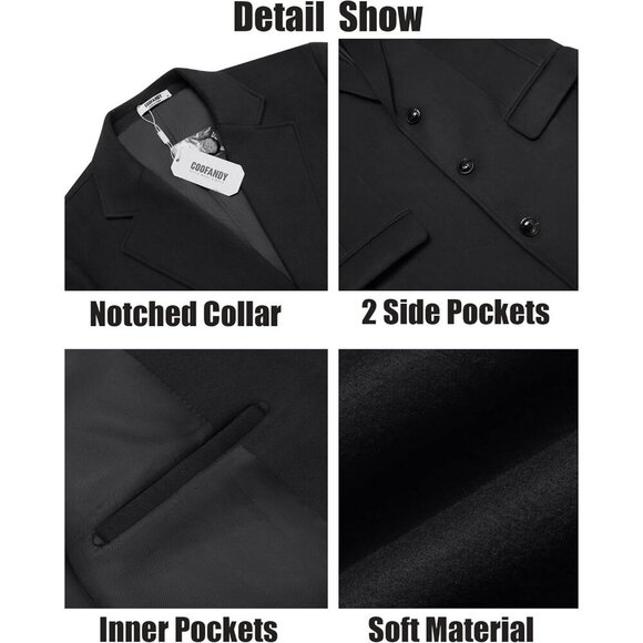 Men’s Long Trench Coat Single-Breasted Wool Blend Overcoat with Notched Collar - Picture 6 of 6